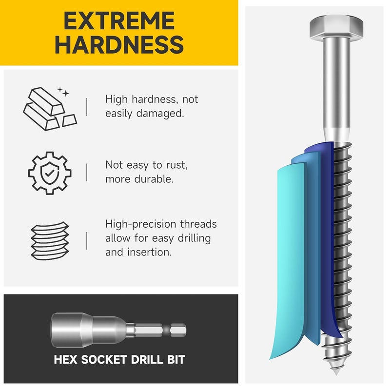 MYWISH (15Sets) 5/16" x 1-1/2" Hex Head Lag Bolts, Heavy Duty Lag Screws with Washers, 304 Stainless Steel Bolts 18-8, Lag Screws Wood Screws, Partial Thread Bright Finish, 5/16 Bolt - Image 3